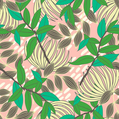 Fototapeta premium Original seamless tropical pattern with bright plants and leaves on a pink background. Beautiful print with hand drawn exotic plants. Seamless exotic pattern with tropical plants.