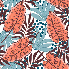 Abstract seamless tropical pattern with bright plants and leaves on a white background. Modern abstract design for fabric, paper, interior decor. Tropic leaves in bright colors.