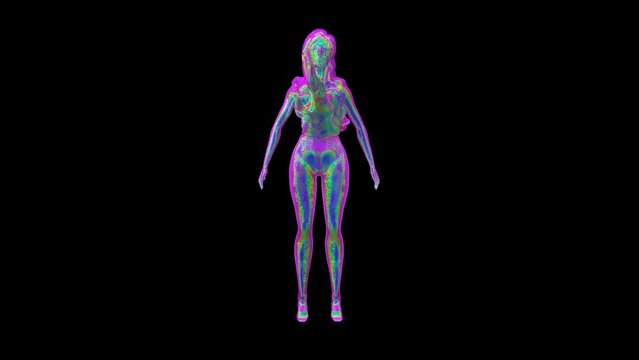 A neon female figure spins around its axis. Looped animation.