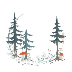 Naklejka premium Forest wreath frame. Design for cards, forest card invitation, prints. Wreath of fir trees, herbs, and mushrooms set. Banner decor design vector illustration