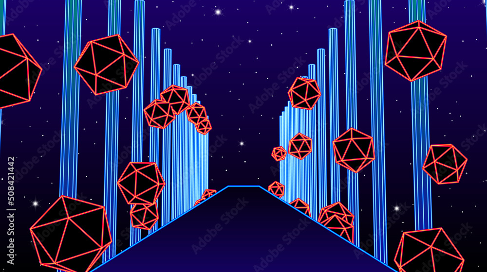 Aufkleber neon corridor with wireframe shapes in 80s synthwave style. abstrace retro arcade game background fo