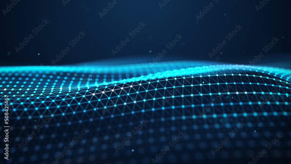 Poster futuristic glowing wave. the concept of big data. network connection. cybernetics. abstract dark bac