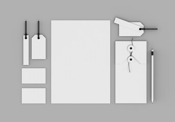 Base white stationery mockup template for branding identity on a gray background for graphic designers presentations and portfolios. 3D rendering.
