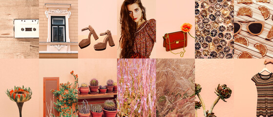 Set of trendy aesthetic photo collages. Minimalistic images of one top color. Beige vintage...
