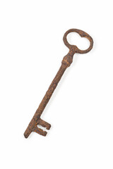 Vintage rusty key on white background