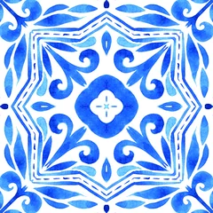 Papier Peint photo Portugal carreaux de céramique Azulejos - Portuguese tile blue watercolor pattern. Traditional ornament.