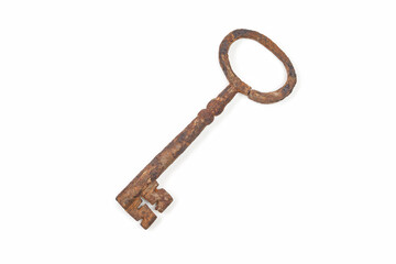Vintage rusty cast iron key on white background