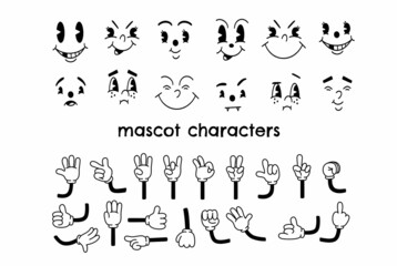 Vintage cartoon hands in gloves and feet in shoes. Cute animation character body parts. Comics arm gestures and walking leg poses set. Different foot movements and positions
