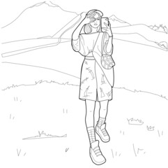 Mountain scenery background with copy space. Female tourist is taking photo with mobile phone camera.