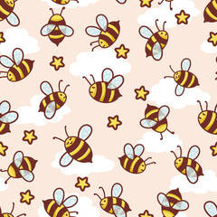 Cute Honey Bees Flying with Clouds Vector Seamless Pattern