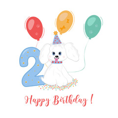 Festive number 2 two year old Happy Birthday celebration wish with a cute little dog, flying air colorful balloons and a festive inscription on a white background for boy