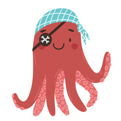 Cute cartoon pirate octopus with eyepatch and bandana. Cartoon vector illustration. Postcard, poster, invitation, sticker.
