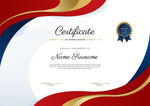 Certificate red template with modern luxury pattern and golden lines. Vector illustration and vector Luxury premium badges design. Set of retro vintage badges and labels.