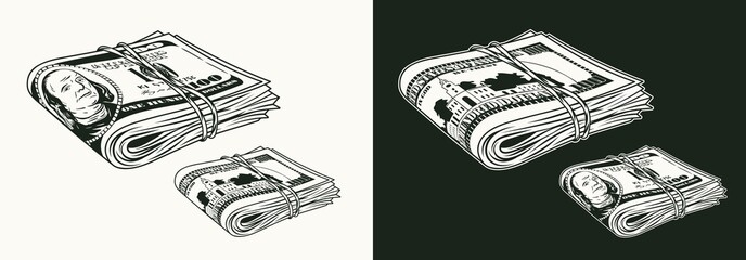 Wad of 100 dollar bills folded in half and tied with a rubber band. Banknotes with front and reverse side.