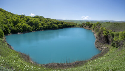 Panorama of the blue lake summer, karst lake in the mountains