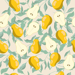 pear pattern with green leaf. fruity seamless pattern on a beige background. vector illustration, eps 10.