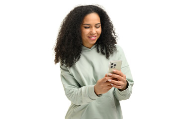 Attractive young multiracial woman web browsing on smartphone, millennial female chatting on social networks, using mobile app, texting online with friends, sharing news, isolated on white