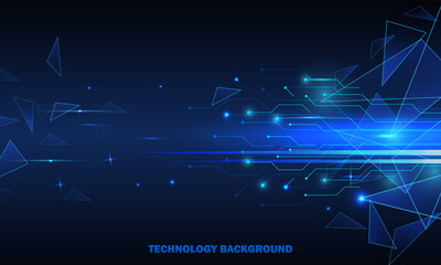 Abstract technology concept particle connection background with blue lights.