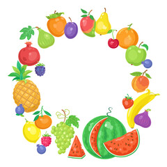 Colorful frame of fresh fruits. In cartoon style. Place for your text. Isolated on white background. Vector flat illustration.