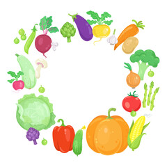 Colorful frame of fresh vegetables. In cartoon style. Place for your text. Isolated on white background. Vector flat illustration.