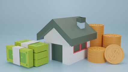 House with stacks of coins and cash.money-saving concept,Isolate background.Business finance investment,immovable property. 3d render illustration