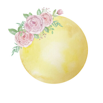 Watercolor illustration of full moon with pink rose flowers and greenery. Full moon phase isolated on white background