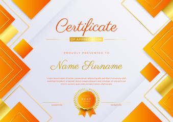 Certificate orange template with modern luxury pattern and golden lines. Vector illustration and vector Luxury premium badges design. Set of retro vintage badges and labels.