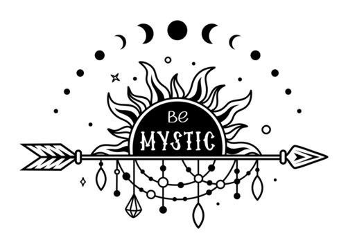 Boho sun with quote: Be mystic. Tribal design with arrow, threads and beads. Native american sign. Magic vector print.