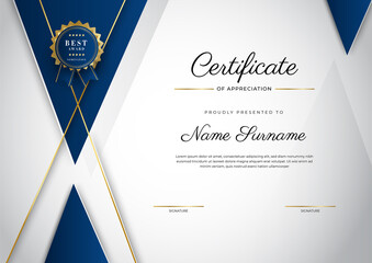 Modern business certificate of appreciation blue and gold design template
