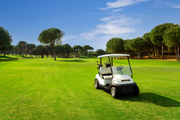 Golf cart on a golf course with green grass field with blue sky and trees in Belek, Turkey