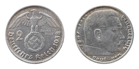 Silver German coin 2 two Reichsmarks 1939 isolated on white background.