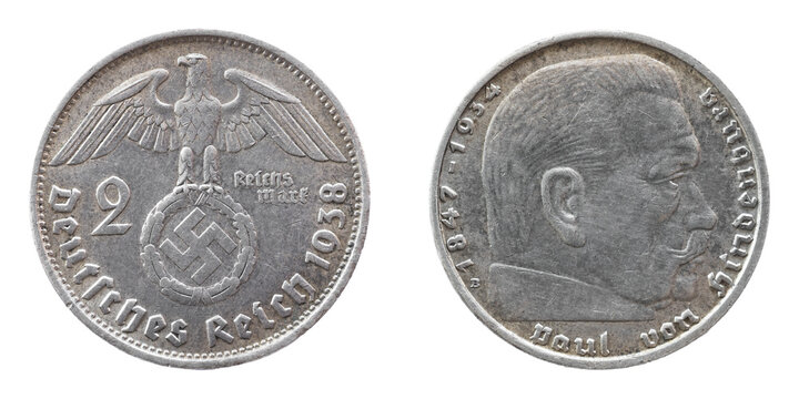 Silver German coin 2 two Reichsmarks 1939 isolated on white background.