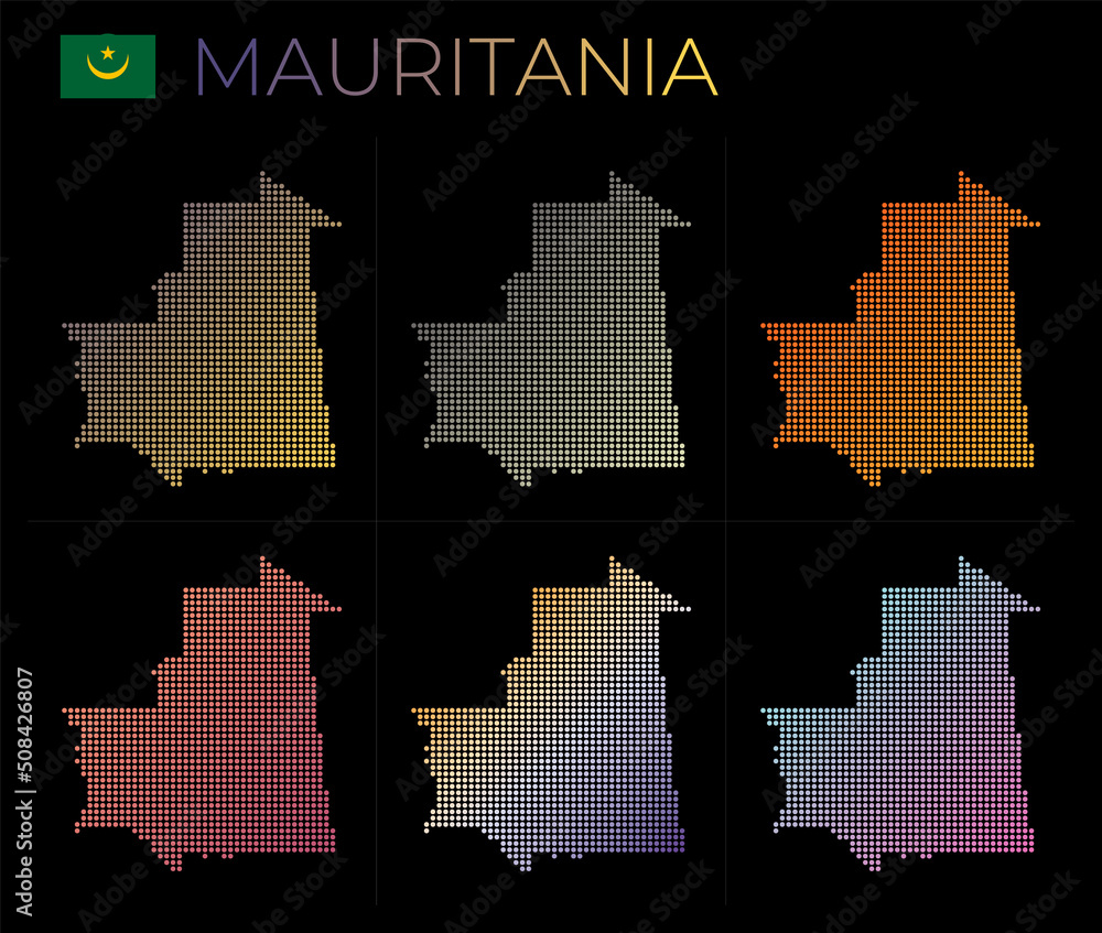 Poster mauritania dotted map set. map of mauritania in dotted style. borders of the country filled with bea