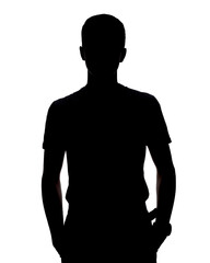 Silhouette of a teenager on a white background looks away