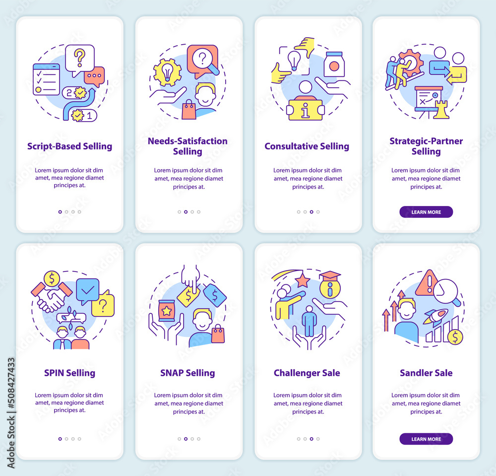 Poster selling strategies and techniques onboarding mobile app screen set. walkthrough 4 steps editable gra