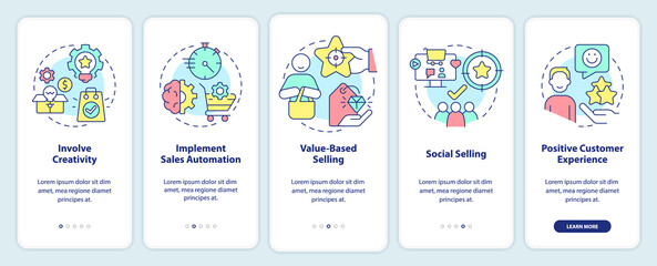 Selling tendencies onboarding mobile app screen. Sales innovations walkthrough 5 steps editable graphic instructions with linear concepts. UI, UX, GUI template. Myriad Pro-Bold, Regular fonts used
