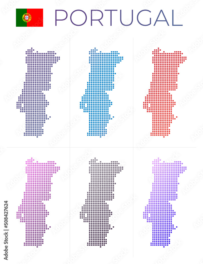 Poster portugal dotted map set. map of portugal in a dotted style. borders of the country filled with beaut