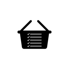 Shopping list icon with basket. Plastic shop basket with handle and lines and check mark set. Vector illustration on white background.