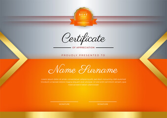 Certificate orange template with modern luxury pattern and golden lines. Vector illustration and vector Luxury premium badges design. Set of retro vintage badges and labels.