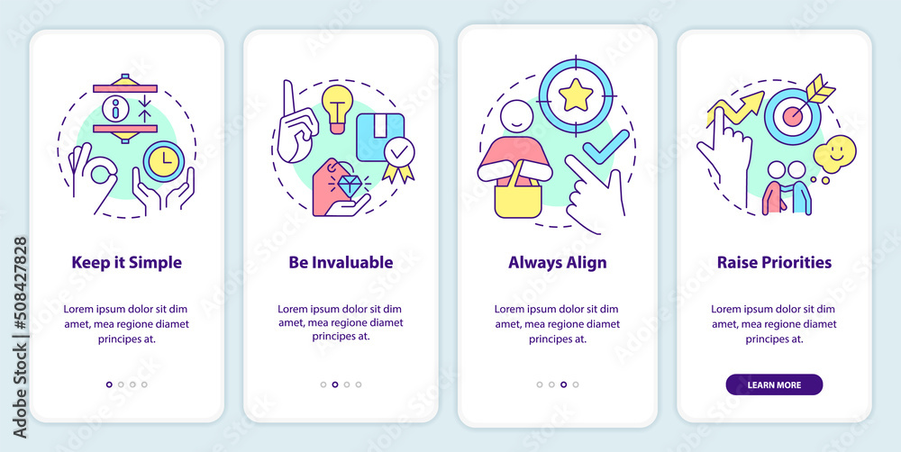 Poster components of communication onboarding mobile app screen. selling walkthrough 4 steps editable graph