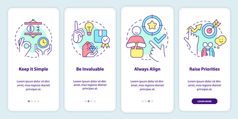 Components of communication onboarding mobile app screen. Selling walkthrough 4 steps editable graphic instructions with linear concepts. UI, UX, GUI template. Myriad Pro-Bold, Regular fonts used