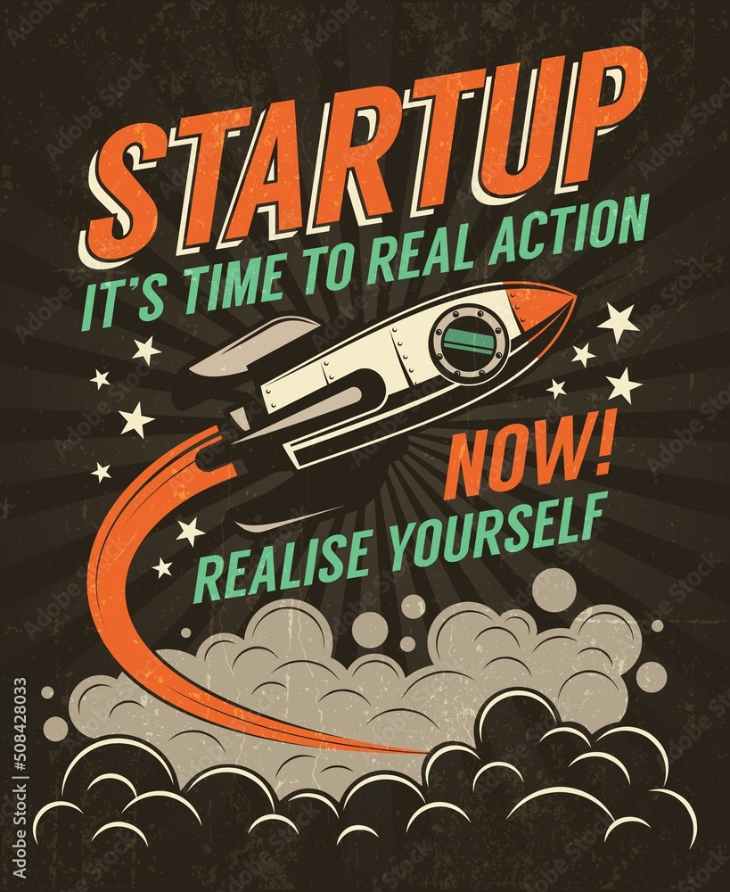 Wall mural startup retro poster with a rising rocket on a dark background. worn texture on separate layer and c