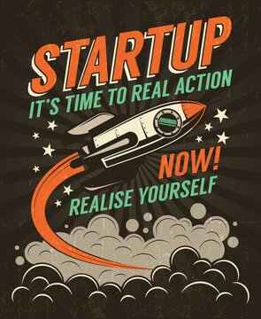 Startup retro poster with a rising rocket on a dark background. Worn texture on separate layer and can be easily disabled.