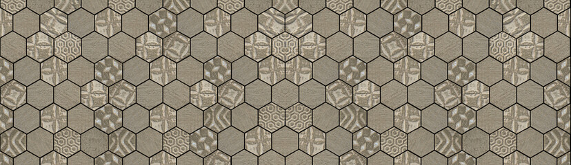 Abstract beige seamless concrete cement stone mosaic tiles, tile mirror wall made of hexagonal...