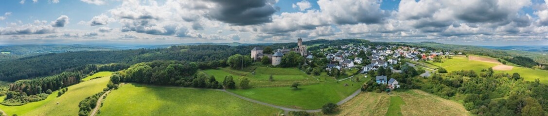 Bird's-eye view of the Greifenstein castle ruins in the Westerwald in Hesse/Germany