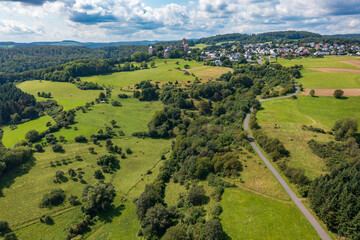 Bird's-eye view of the Greifenstein castle ruins in the Westerwald in Hesse/Germany