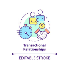 Transactional relationships concept icon. Buyer-seller interaction abstract idea thin line illustration. Business deal. Isolated outline drawing. Editable stroke. Arial, Myriad Pro-Bold fonts used