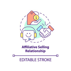 Affiliative selling relationship concept icon. Buyer-seller interaction abstract idea thin line illustration. Isolated outline drawing. Editable stroke. Arial, Myriad Pro-Bold fonts used