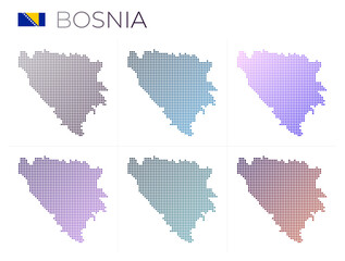 Bosnia dotted map set. Map of Bosnia in dotted style. Borders of the country filled with beautiful smooth gradient circles. Modern vector illustration.