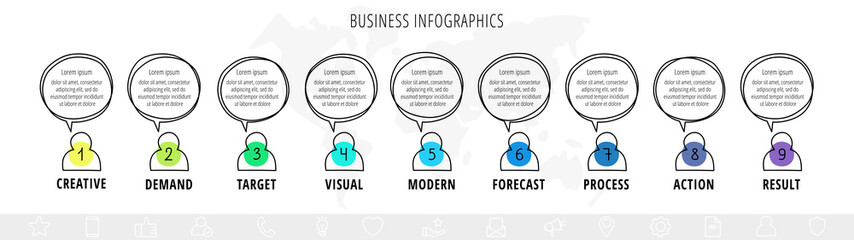 Hand-drawn timeline visualization with nine steps and people icon. Business vector infographics with 9 circles for diagram, flowchart, banner, presentations, web, content, levels, chart, graphic